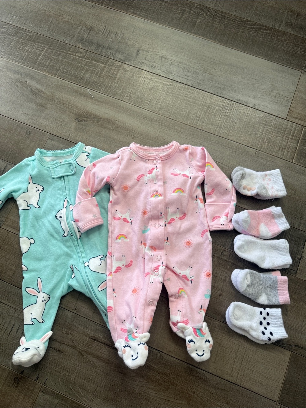 Carter's Pink Unicorn & Mint Bunny Footed One-Pieces Set